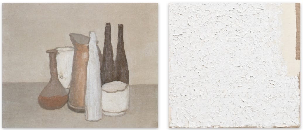 Giorgio Morandi, "Natura morta" (1950), oil on canvas, 13 4/5 x 17 7/10 inches; Robert Ryman, "Page" (1998), oil on canvas, 15 x 15 inches (via kohngallery.com)