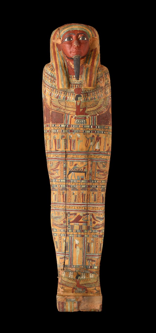 A painted coffin with a mummy inside, from the late 25th Dynasty or early 26th Dynasty of ancient Egypt, approximately 700 to 600 BCE (© 2015 The Field Museum, photo by John Weinstein)