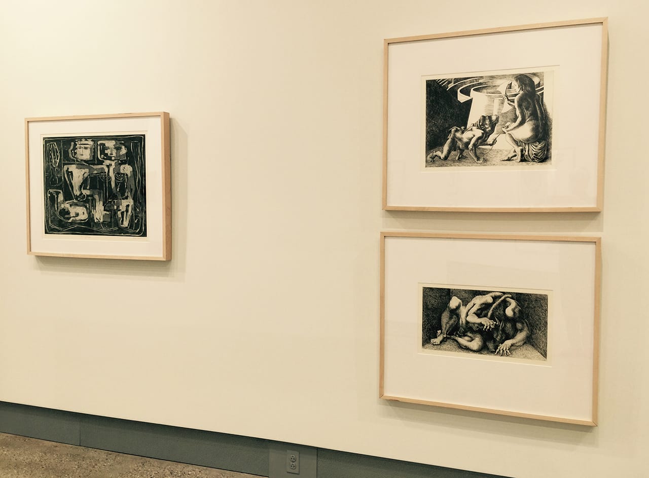 An early aquatint by Louise Nevelson and two etchings by Michael Ayrton share wall space. (click to enlarge)