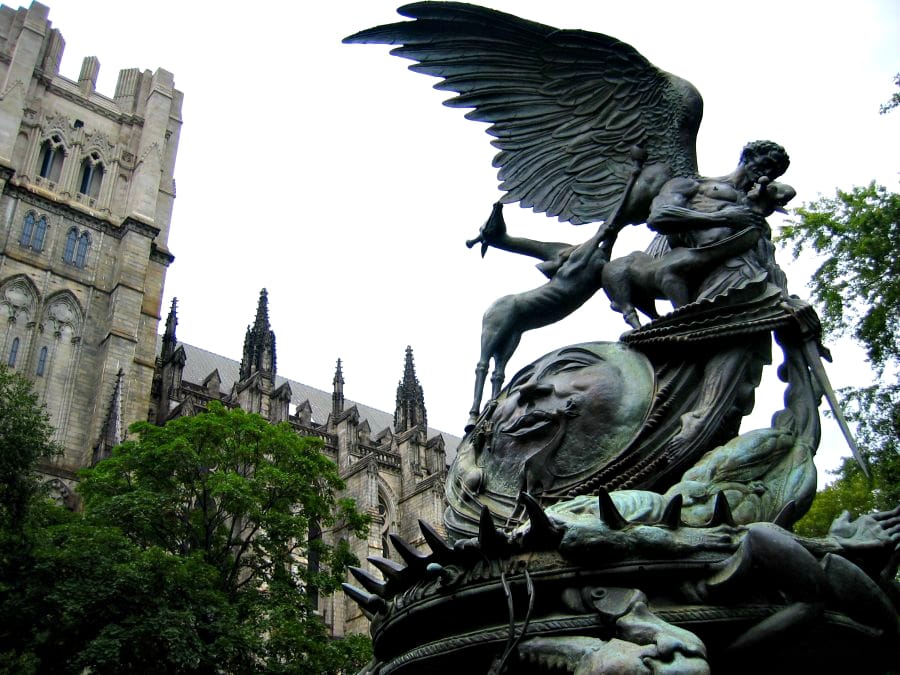Greg Wyatt's "Peace Fountain" (1985) outside St. John the Divine in Morningside Heights, Manhattan (photo by the author for Hyperallergic)