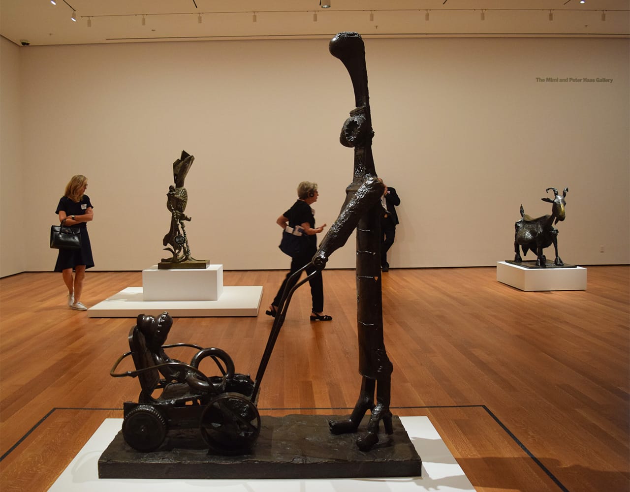 Installation view of 'Picasso Sculpture' at the Museum of Modern Art with Pablo Picasso's "Woman with a Baby Carriage" (1950–54) in the foreground