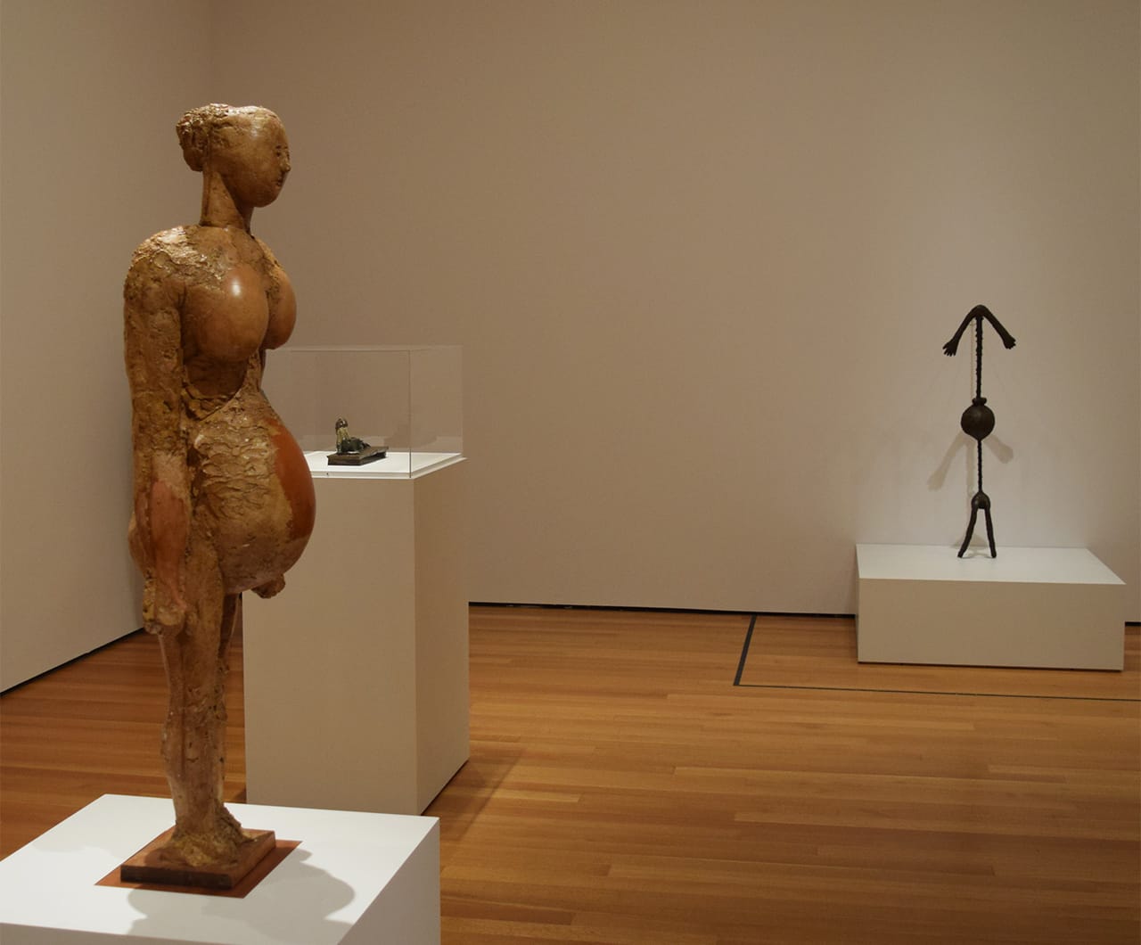 Installation view of 'Picasso Sculpture' at the Museum of Modern Art with Pablo Picasso's "Pregnant Woman" (1950) at left and "Pregnant Woman" (1949) at right