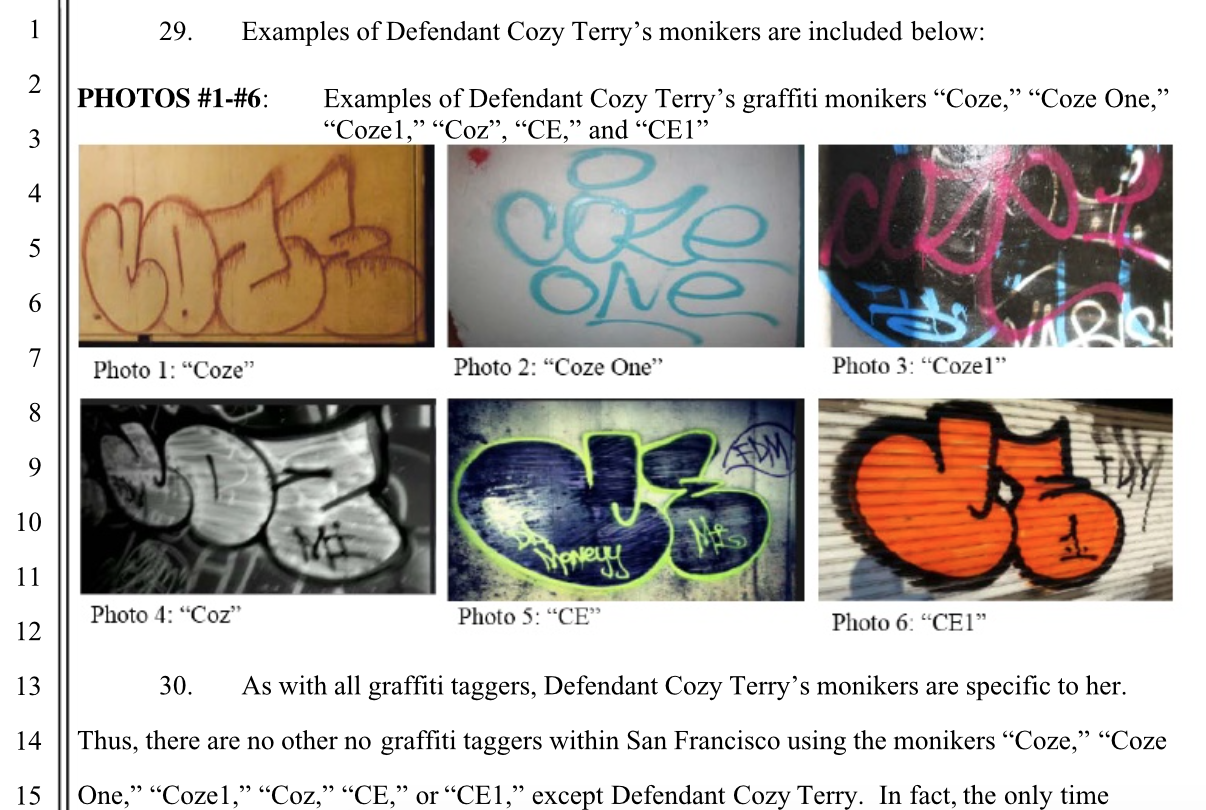 A screenshot from the City and County of San Francisco v. Cozy Terry et al suit featuring the graffiti writer's tags. (via socketsite.com)