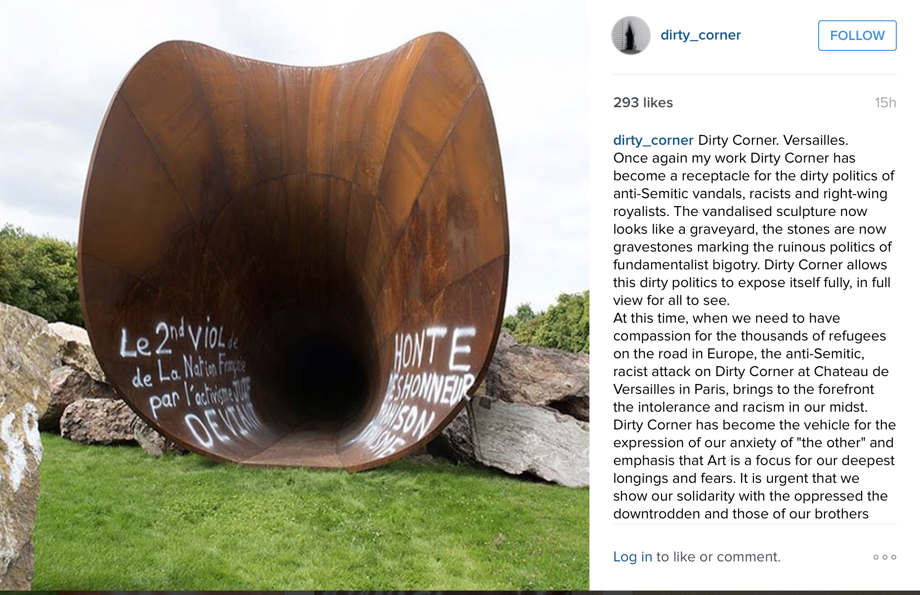 Anish Kapoor's Instagram account has posted images of the vandalism (via @dirty_corner)