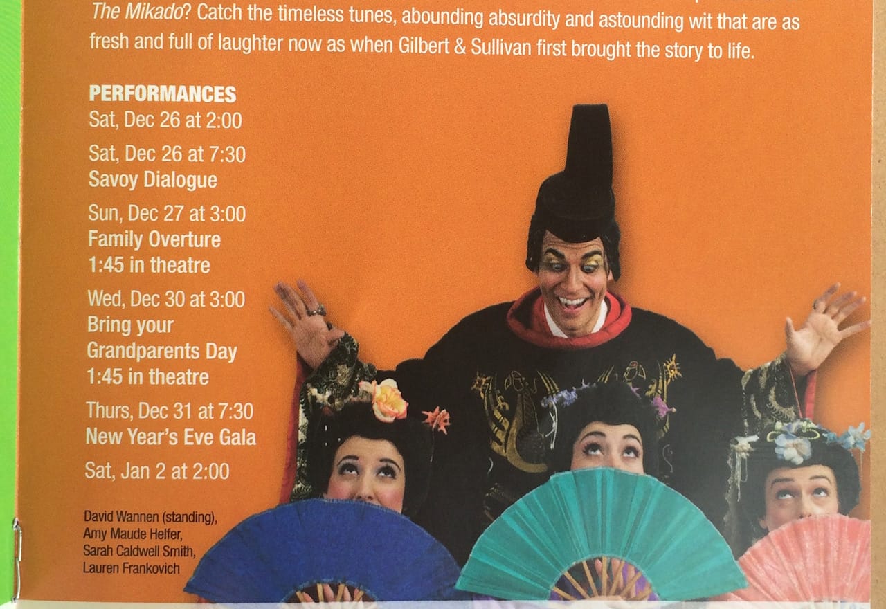 Detail of a page from the flyer for New York Gilbert and Sullivan Players' 2015–16 season advertising 'The Mikado' (photo by Benjamin Sutton for Hyperallergic)