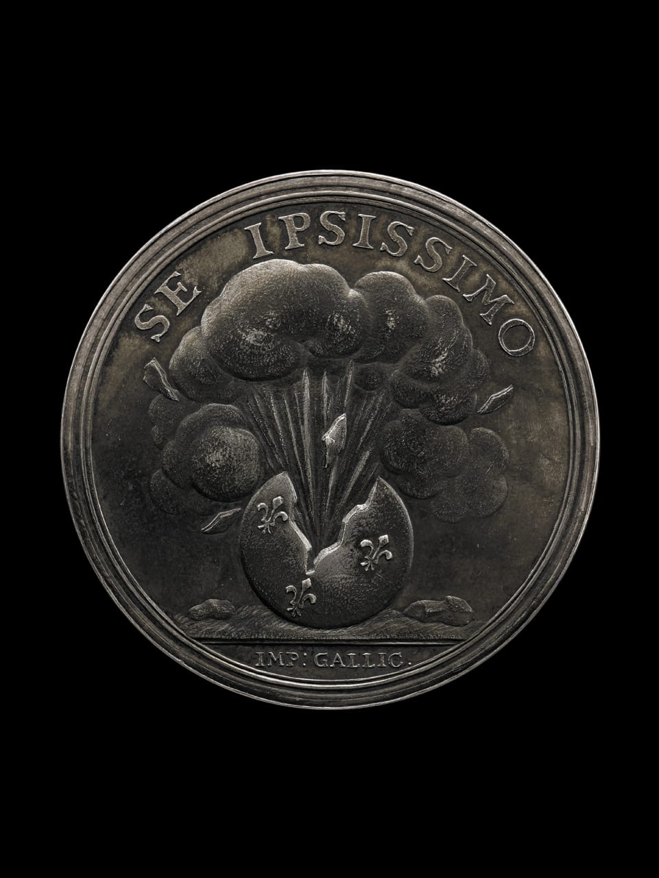 "The Humiliation of Louis XIV" (1689). An exploding bomb, decorated with the fleurs de lys and inscription IMP GALLIC, is symbolic of France blowing itself up (© The Trustees of the British Museum)