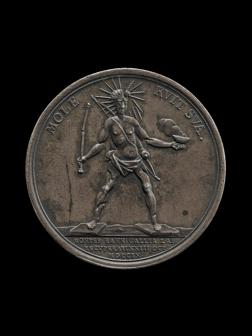 "Colossus of Rhodes" (1709), Louis XIV is shown as the Colossus of Rhodes crumbling under its own weight.The medal celebrates the capture of Hainault from the French in 1709 and is representative of the widespread feeling that Louis’ pre-eminence was coming to an end (© The Trustees of the British Museum)
