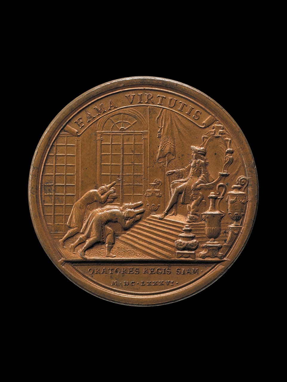 "Siamese Ambassadors" (1686). The ambassadors of King Phra Narai of Siam [Thailand] were received by Louis XIV in the Galérie des Glaces at Versailles on September 1, 1686. After the visit, one of the ambassadors said that after the three grandeurs of the world, he now knew a fourth – Versailles (© The Trustees of the British Museum)