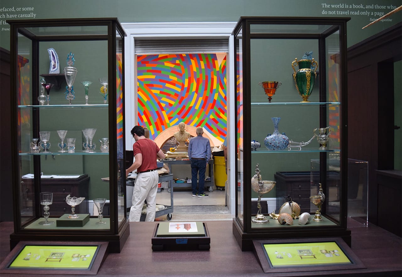 The The Cabinet of Art and Curiosities gallery, mid-installation, in the Wadsworth Atheneum's renovated Great Morgan Hall