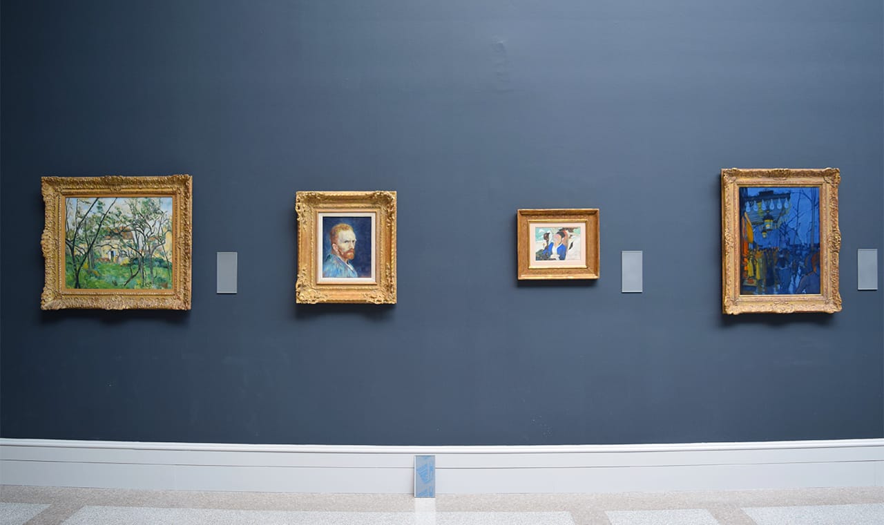 Installation view of the Wadsworth Atheneum's renovated and rehung gallery of late 19th-century art with works (from left to right) by Paul Cézanne, Vincent van Gogh, Paul Gauguin, and TKTKTK