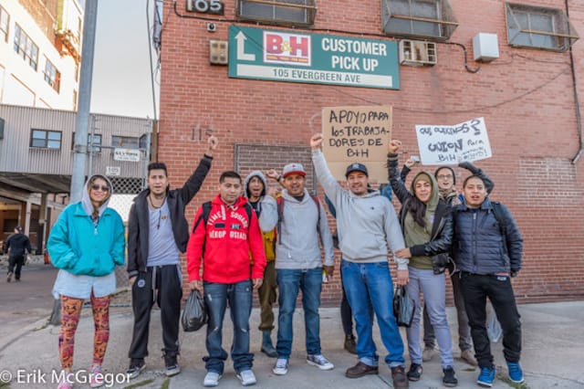 B&H warehouse workers, activists, and supporters outside the Bushwick warehouse facility this morning (photo by Erik McGregor)