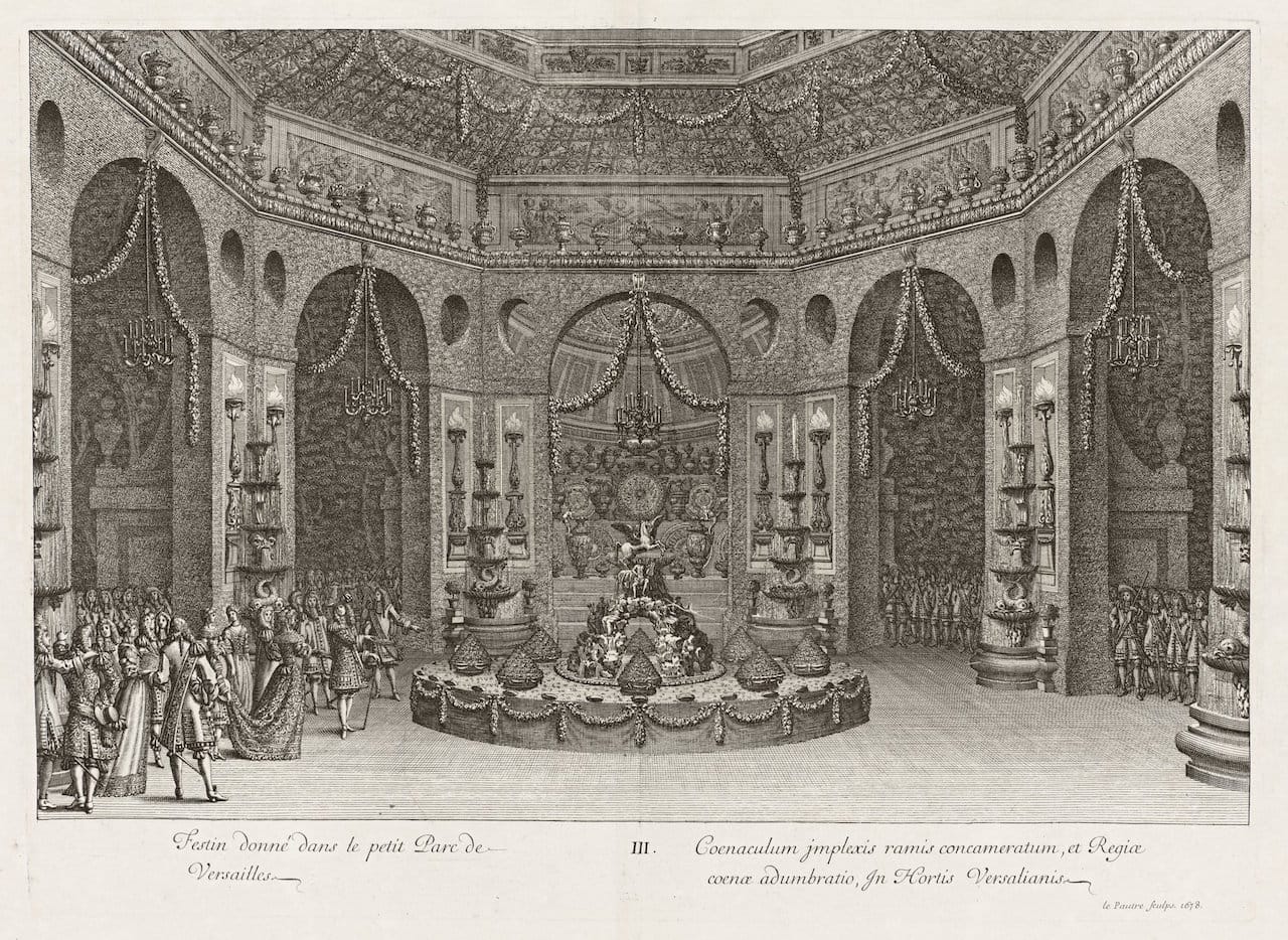 Banquet Held in the Petit Parc at Versailles; André Félibien, French, 1619 - 1695, Jean Lepautre, French, 1618 - 1682, Various makers, Jean Lepautre (plate 3), Jean Lepautre (after pg. 18), after Jean Bérain, French, 1640 - 1711; 1674-1679; etchings and engravings; Open (84-B21388 c.1, pl.3 (between pg.32-33)): 42.9 x 55 cm (16 7/8 x 21 5/8 in.), Open (84-B21393 c.1, [pl.4] (between pg.18-19)): 42.9 × 59.1 cm (16 7/8 × 23 1/4 in.), Closed: 42.8 x 28.5 x 3.5 cm (16 7/8 x 11 1/4 x 1 3/8 in.); 84-B21384.c1.bw; Not Researched