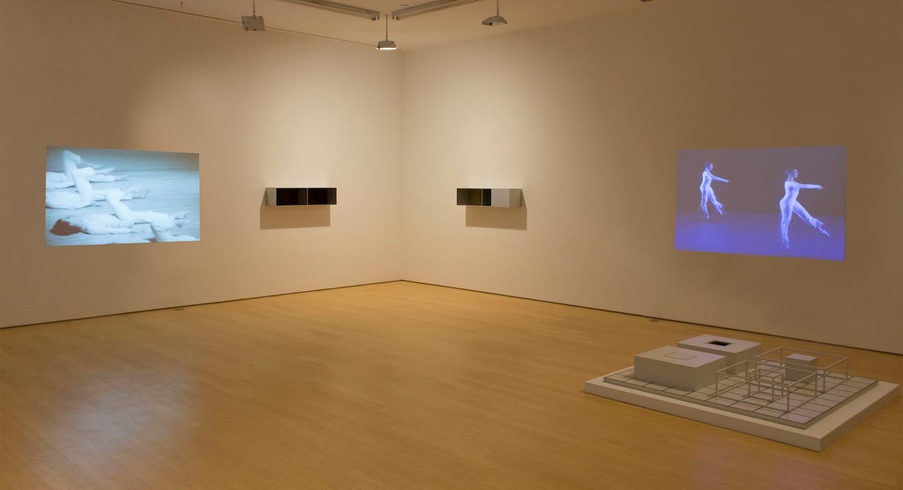 From left to right: Trisha Brown, 'Group Primary Accumulation' (1973); Donald Judd, Menziken boxes "Untitled" (1988) and "Untitled" (1991); Lucinda Childs, 'Dance' (1979); Sol LeWitt, “Serial Project ABCD 5” (image courtesy Loretta Howard Gallery)