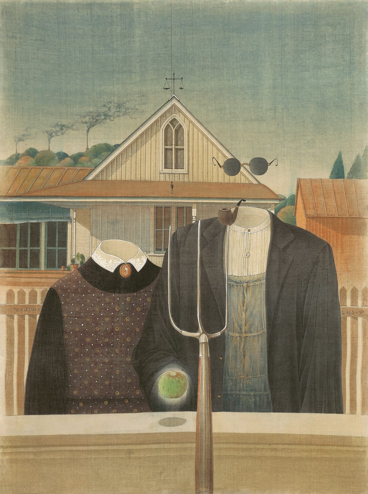 Jin Sha, "Salute to Masters: Conversation with Grant Wood" (2014), ink and color pigment on silk