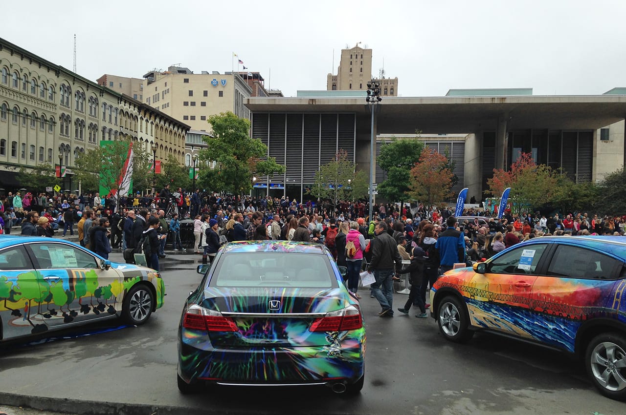 Rosa Parks Circle with crowds and art cars