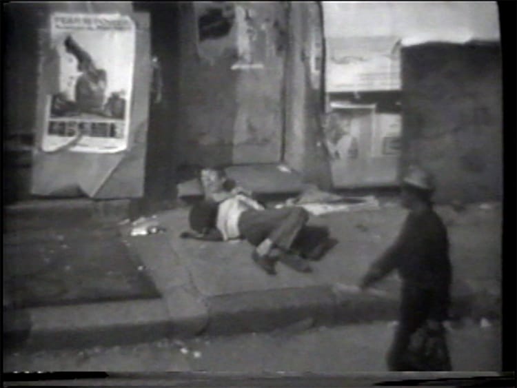 Drunk on Sidewalk, Still from video “Atlantic in Brooklyn,” 1971-72. Courtesy the artist and Pierogi / The Boiler