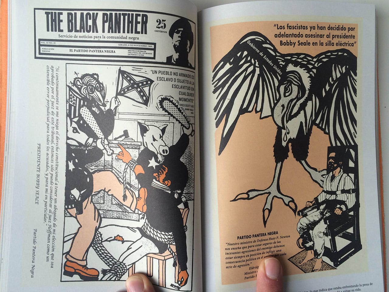 A spread from the Spanish version of 'Black Panther: The revolutionary art of Emory Douglas,' published by Alias Editorial (all photos by the author for Hyperallergic unless otherwise noted)