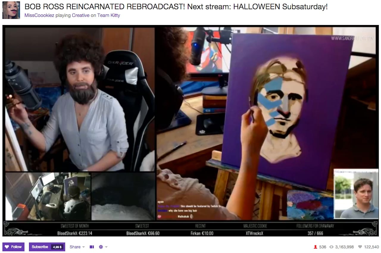 Twitch user MissCoookiez, in costume as Bob Ross, on Twitch Creative