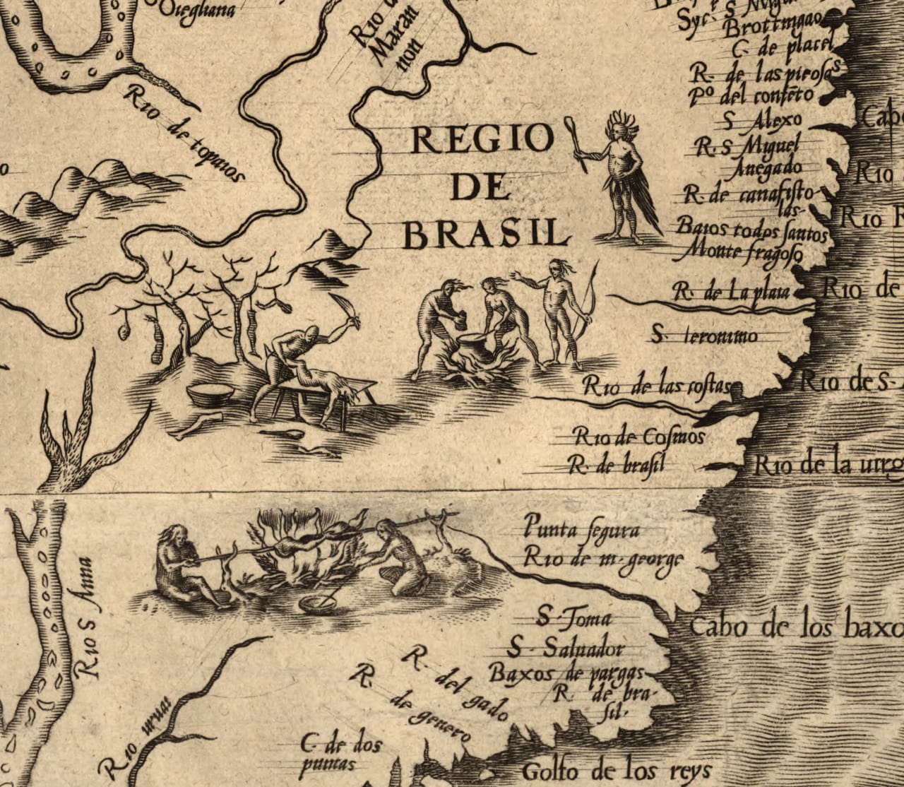 Detail of cannibals in Brazil on Diego Gutiérrez's 'Americae' (1562) (via Library of Congress)