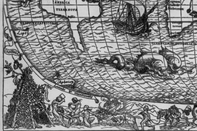 Detail of cannibals in the New World on Sebastian Münster's 'Typus Cosmographicus Universalis' (1532) (via Library of Congress)