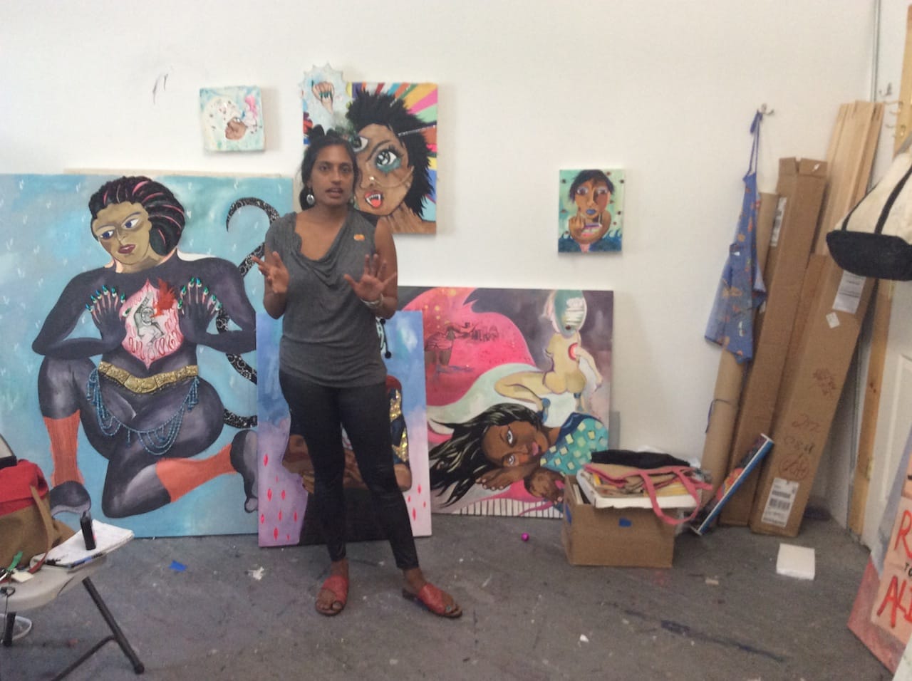 Artist Chitra Ganesh in her studio