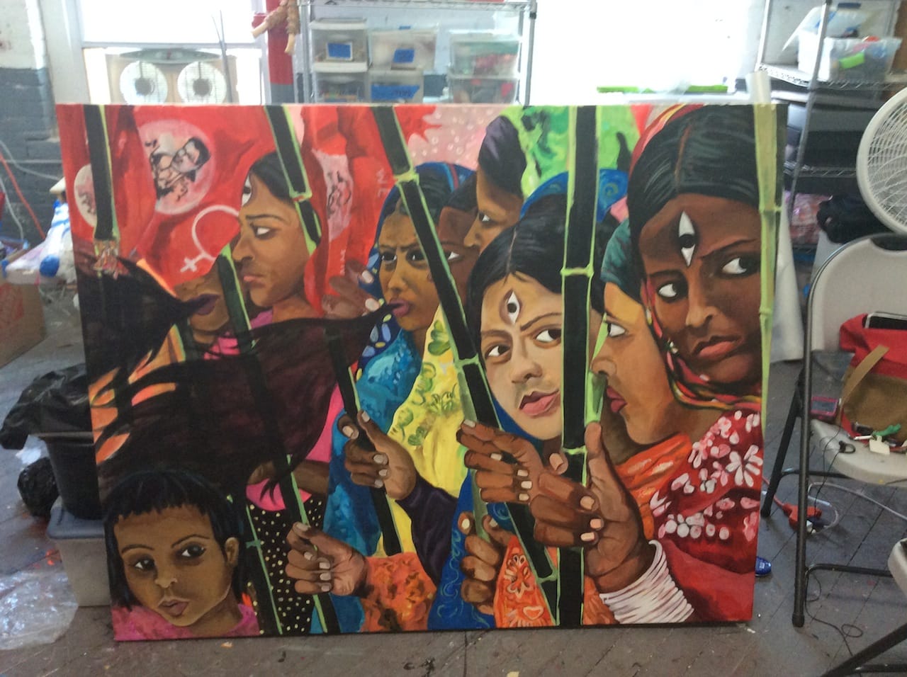 Chitra Ganesh, "Rana Plaza" (2015), acrylic on canvas, 48 x 60 inches