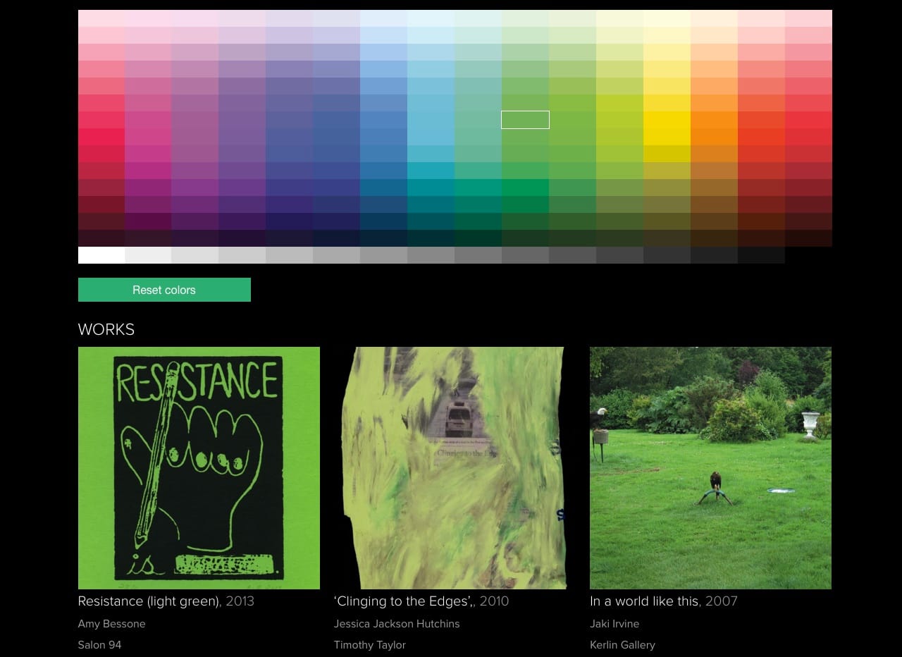 Results of a ColorSearch query for green artworks (screenshot by Benjamin Sutton for Hyperallergic)