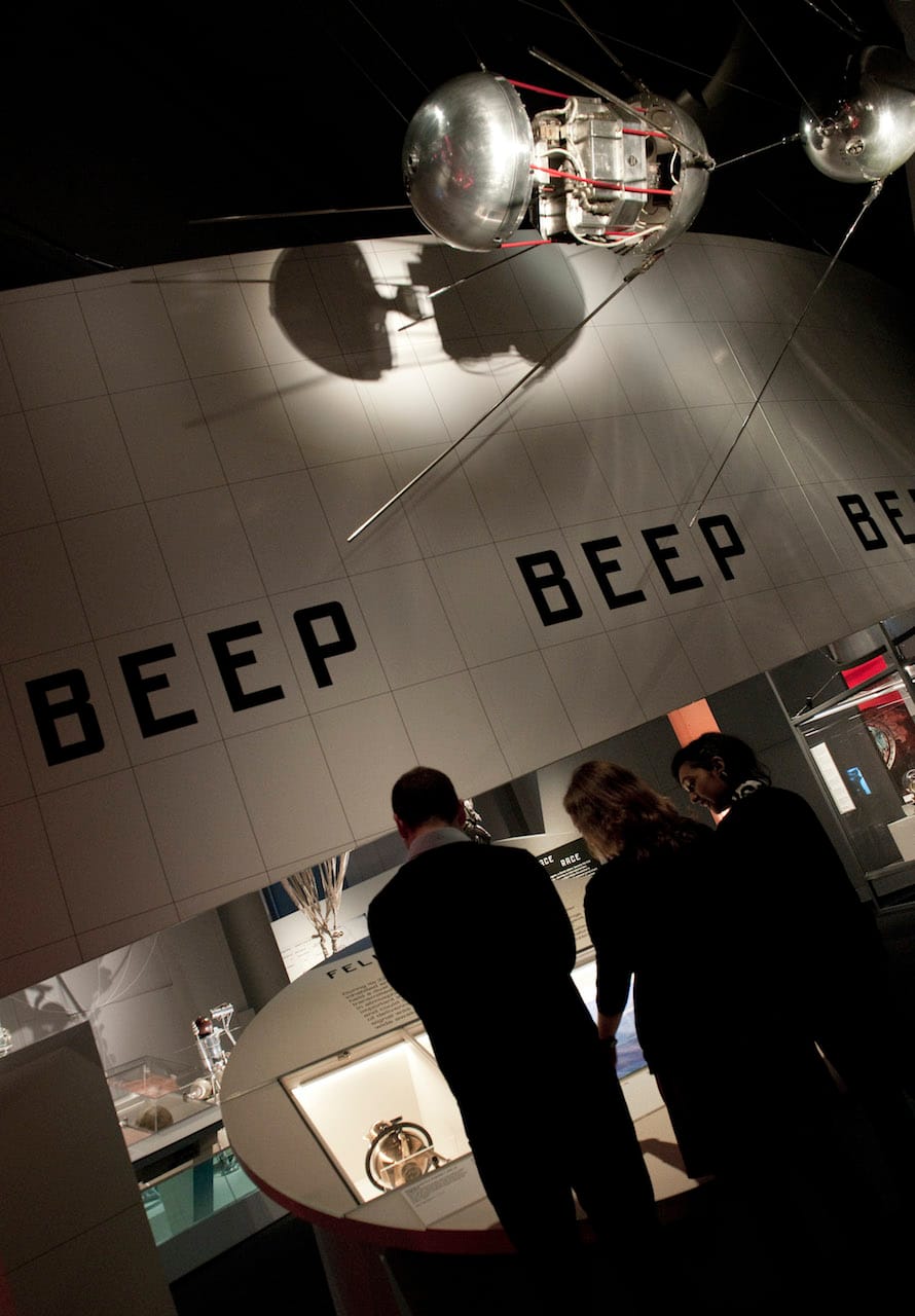 Sputnik 1 satellites (Engineering and display models) in the 'Cosmonauts' exhibition (courtesy Science Museum)