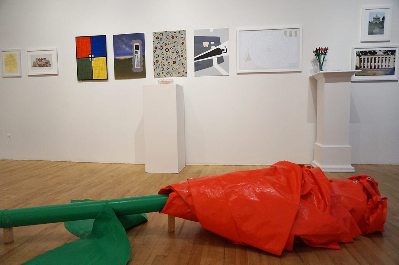 Installation view, 'Life After Death and Elsewhere' at apexart, with Harold Wayne Nichols's "A World Without Prisons" (2015), ink and colored pencil on paper, 32 x 22 in, visible on the wall at far right (click to enlarge)