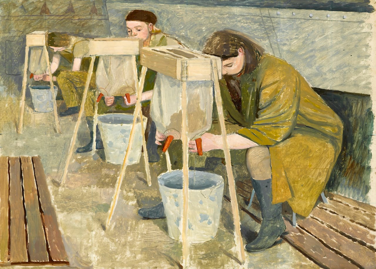 Evelyn Dunbar, Milking Practice with Artificial Udders, 1940, oil on canvas, © The Artist's Estate, courtesy of Liss Llewellyn Fine Art 