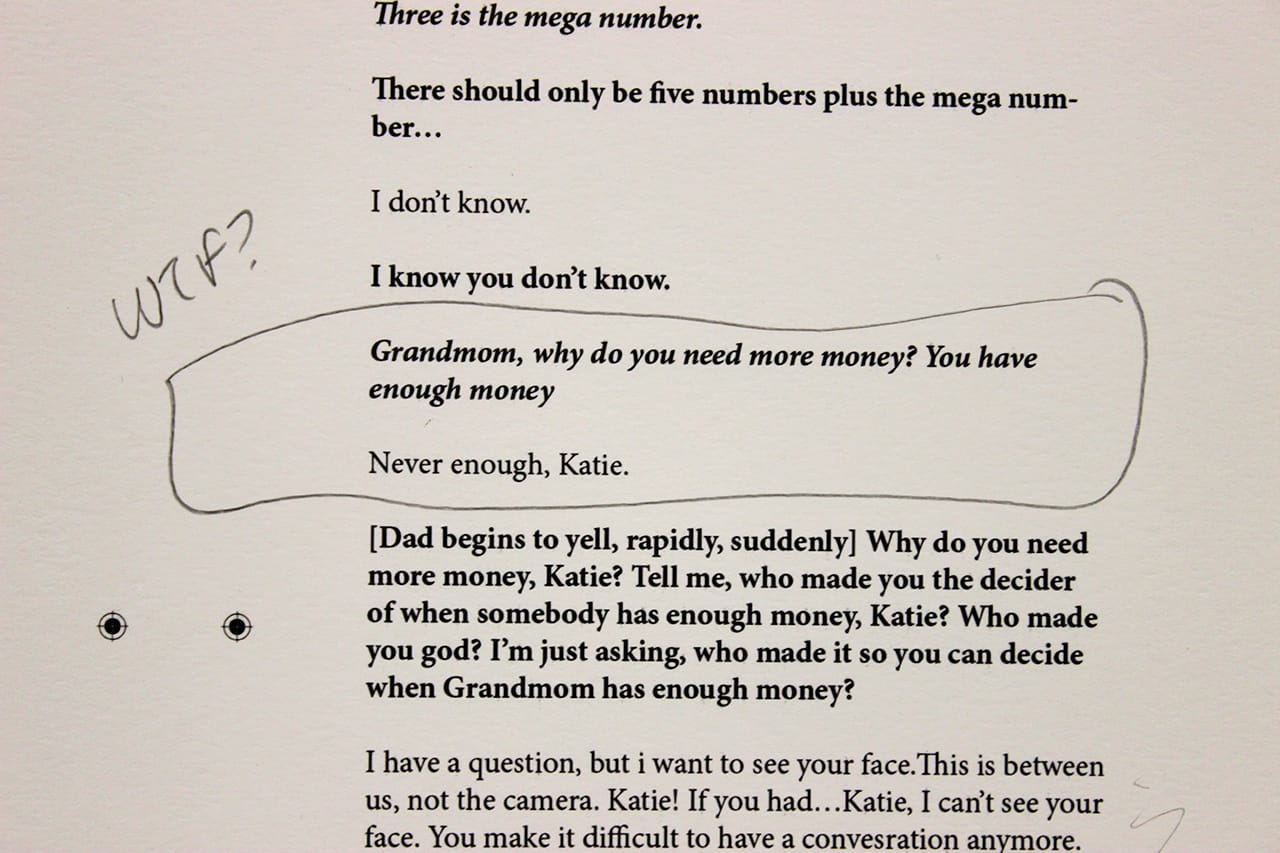 Excerpt from Kate Levy's manuscript, which she invites gallery attendees to audit with comments.