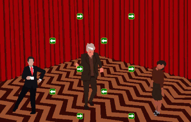 Agent Cooper and Audrey Horner having a dance off next to a wailing Leland in 'Fire Dance With Me' (GIF by the author via itch.io)