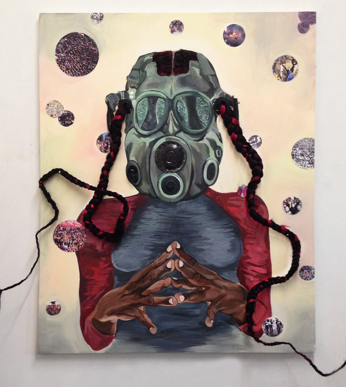 Chitra Ganesh, "Action Plan" (2015), acrylic, hair, rubber, metal (drain), digital print on canvas, 60 x 48 in (image courtesy the artist and Gallery Wendi Norris, San Francisco)