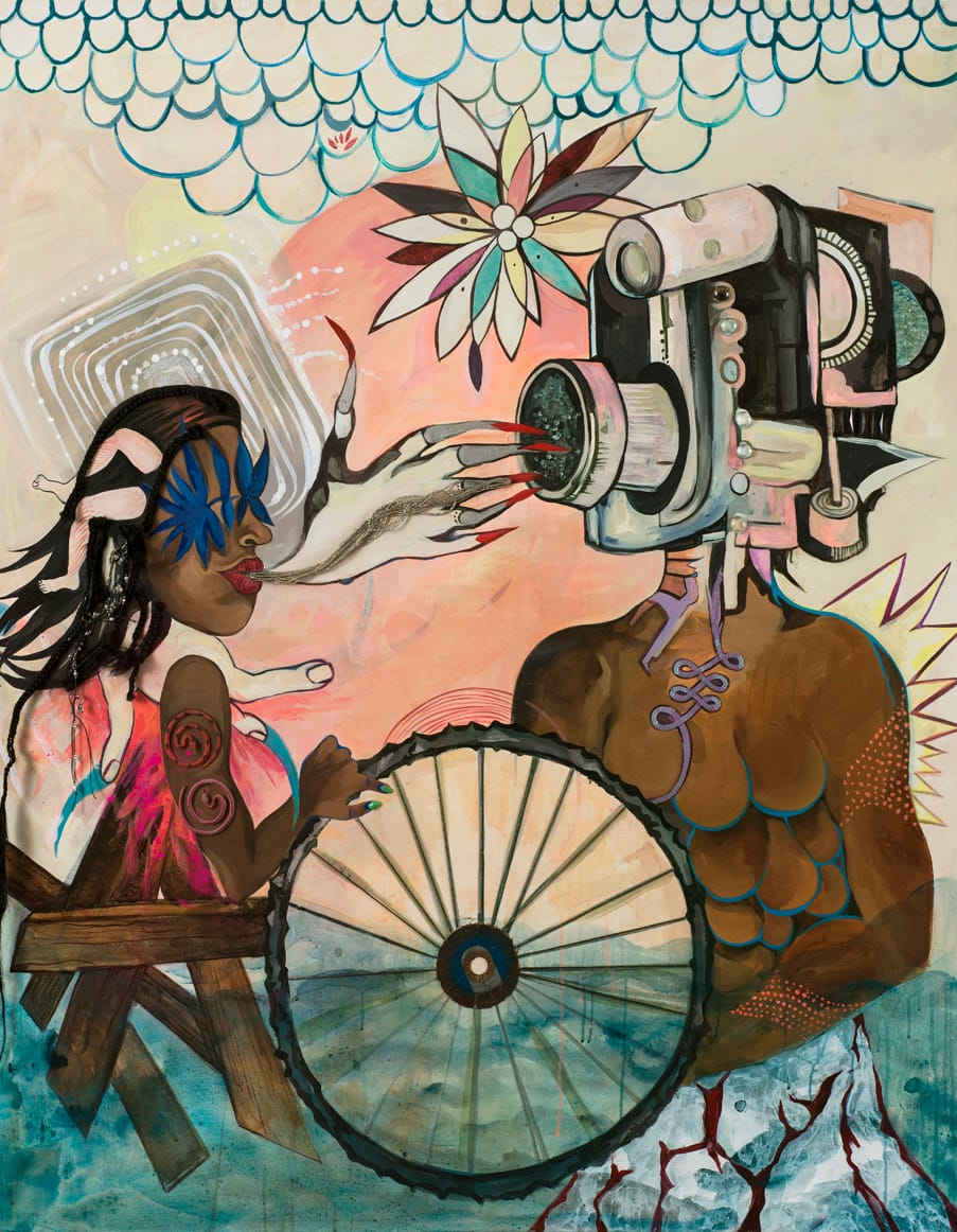 Chitra Ganesh, "Camera Contact" (2015), acrylic, glass pebbles, beaded necklace, automotive glass, false hair braids, sequins, plastic snakes, sand and charm bracelet on canvas, 60 x 48 in (click to enlarge)