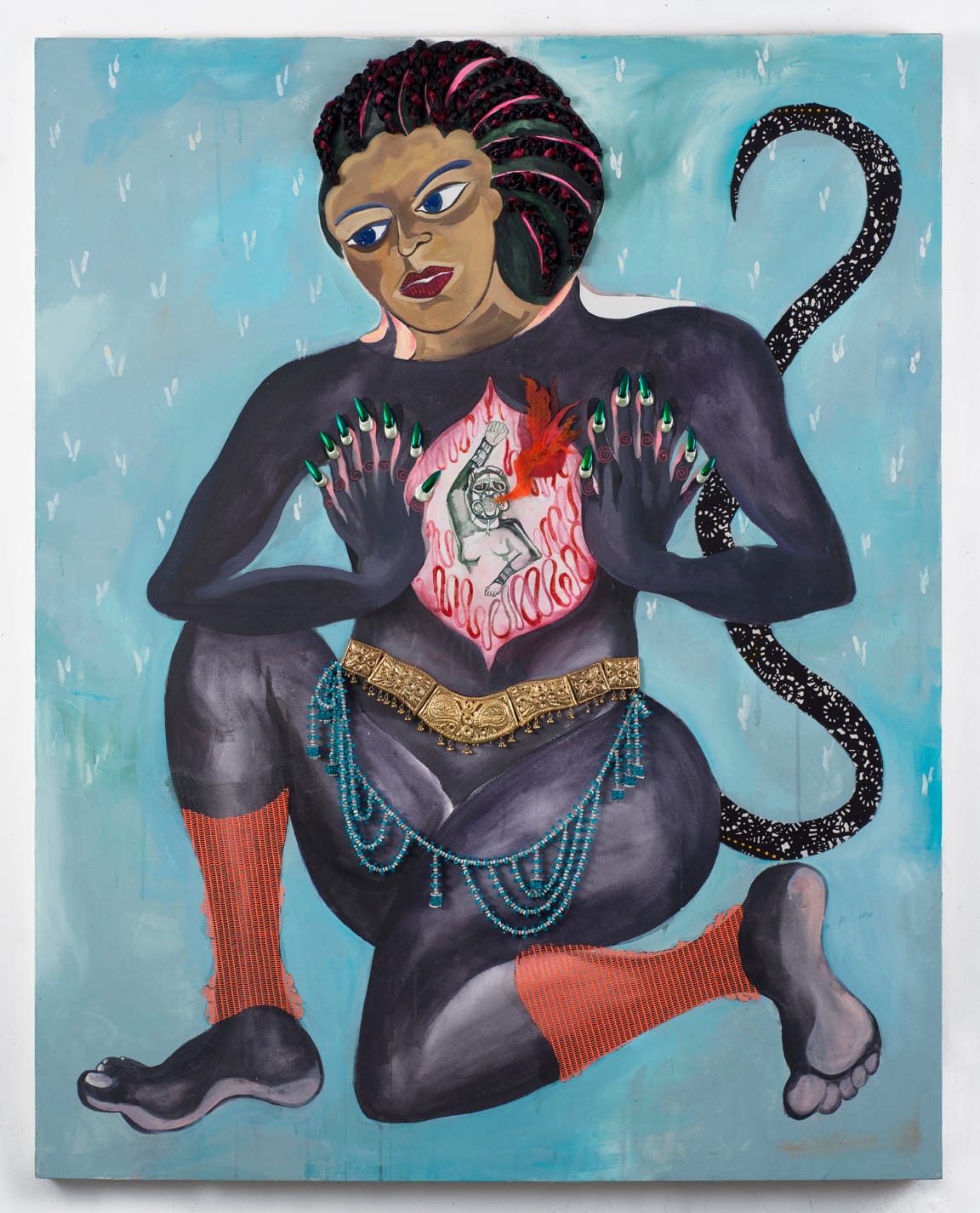 Chitra Ganesh, "Hanuman (Baltimore)" (2015), mixed media on canvas including sindhoor, artificial hair, vinyl glass, beetle wings and fabric, 60 x 48 in (image courtesy the artist and Gallery Wendi Norris, San Francisco)