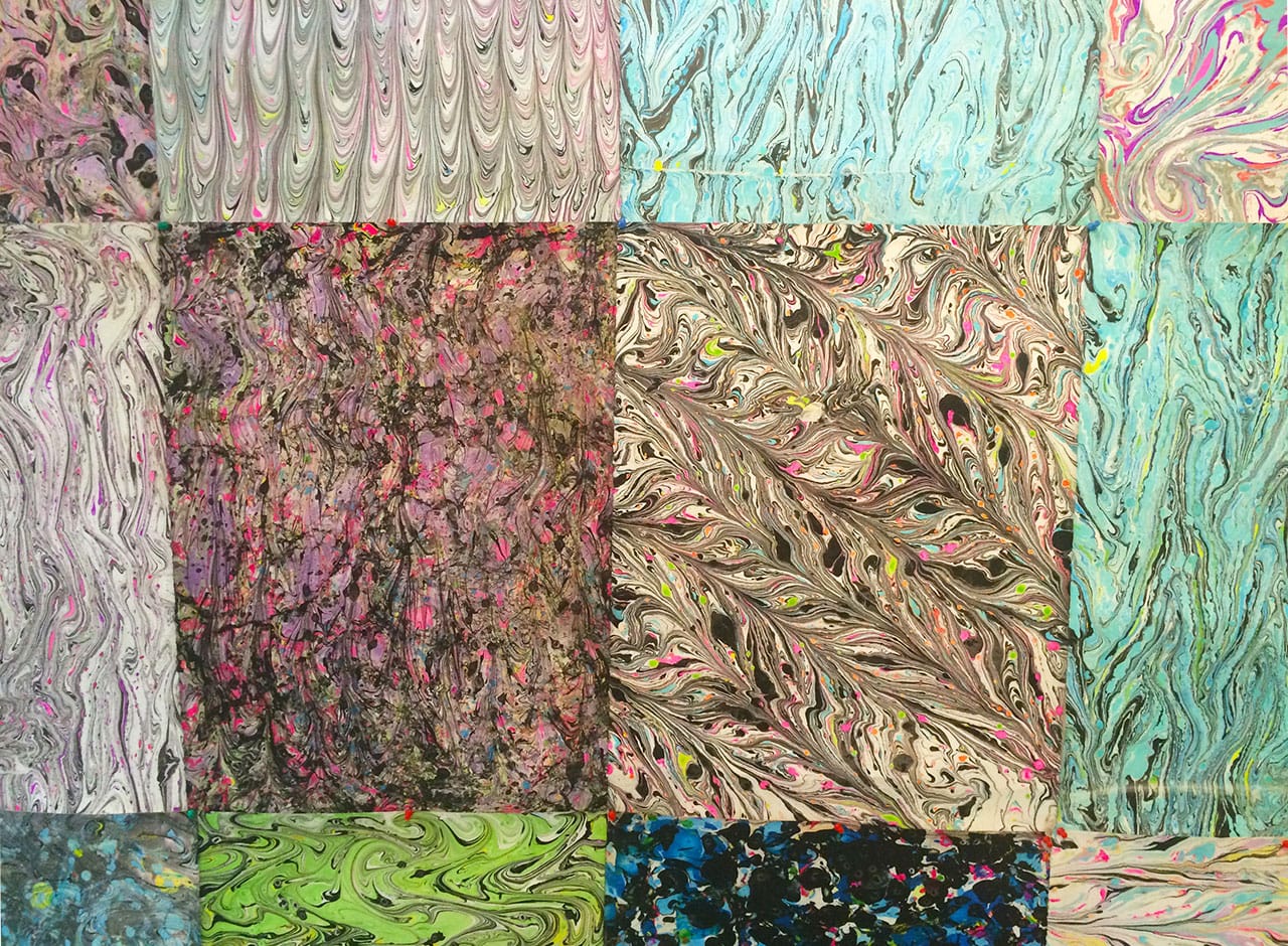 Marbled paper works by Maeve Broome in her studio at the Textile Arts Center (505 Carroll Street) during Gowanus Open Studios