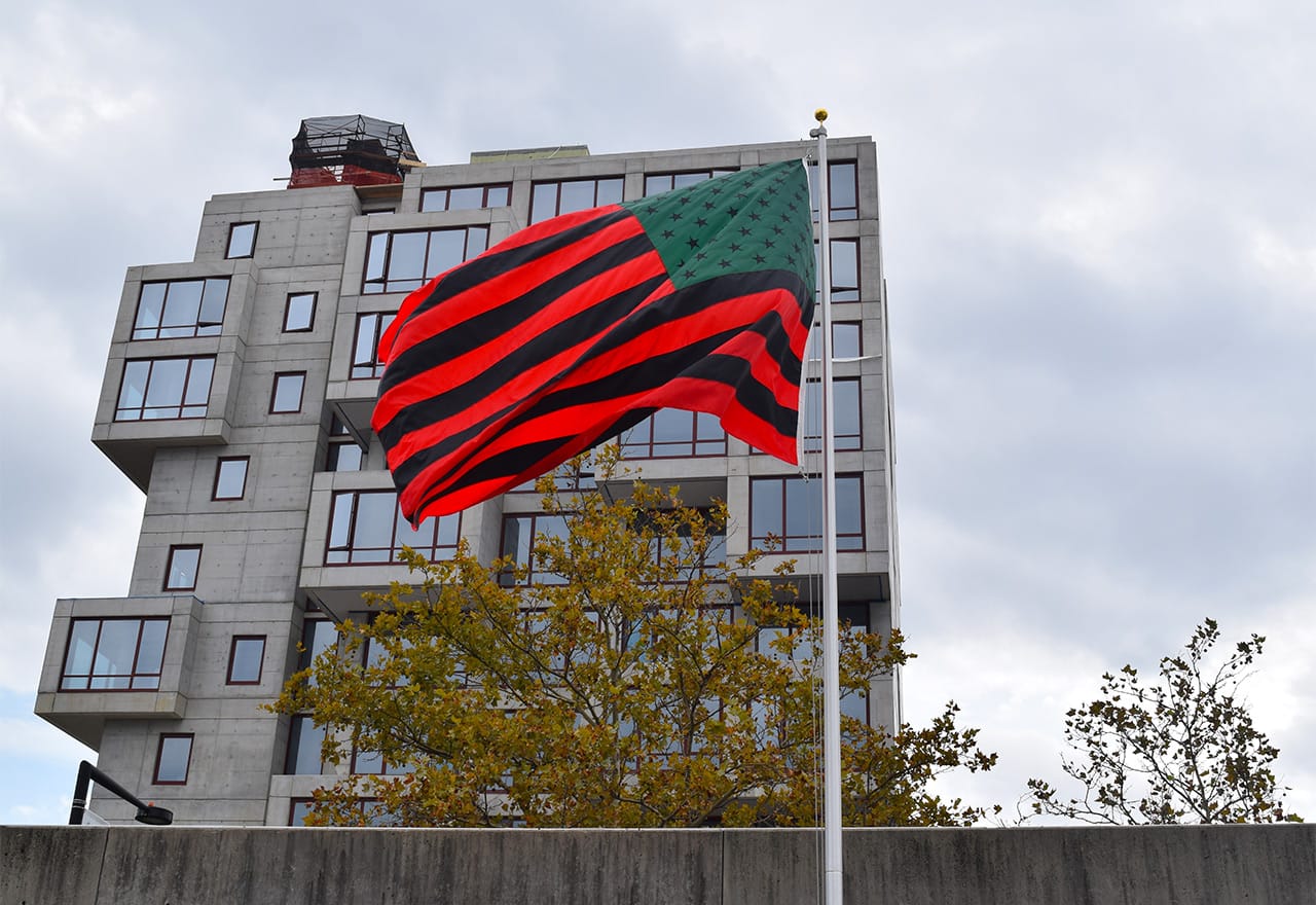 David Hammons's "African American Flag" (1990) flies in the courtyard of MOMA PS1. (all photos by the author for Hyperallergic)