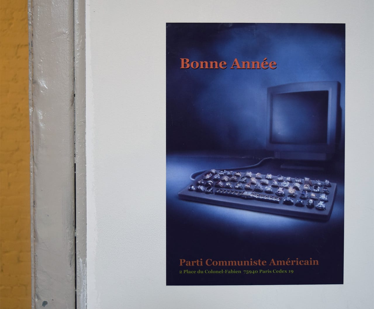 A print by Seth Price in a stairwell at MoMA PS1