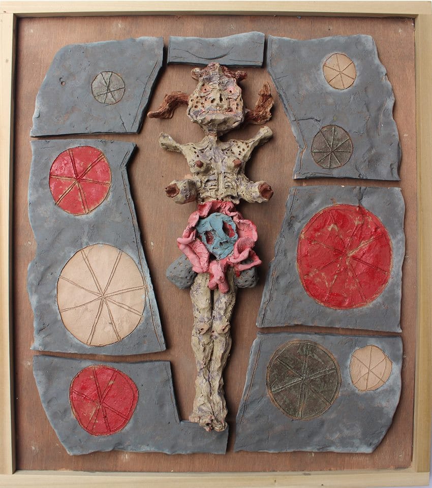 Richard Hawkins, "Priestess of the Sun, contained" (2015), ceramic in artist's frame, 22.75 x 25.75 x 4 inches (via facebook)