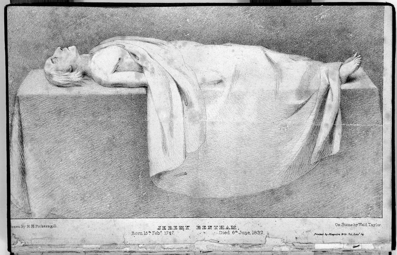 The "Mortal Remains" of Jeremy Bentham laid out for his public dissection, illustrated by H. H. Pickersgill (via Wellcome Trust)