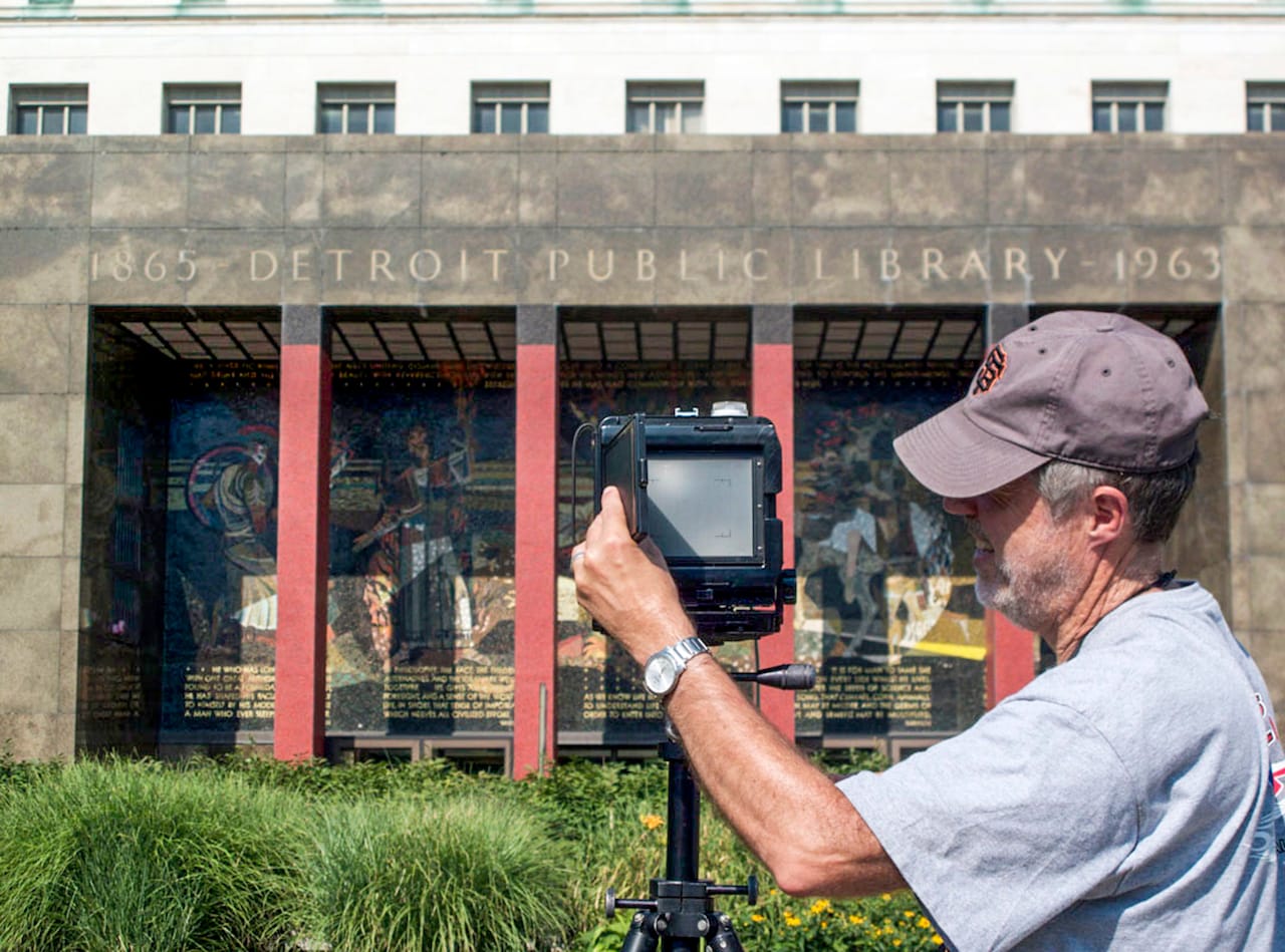 Robert Dawson photographing the Main Library, Detroit, MI