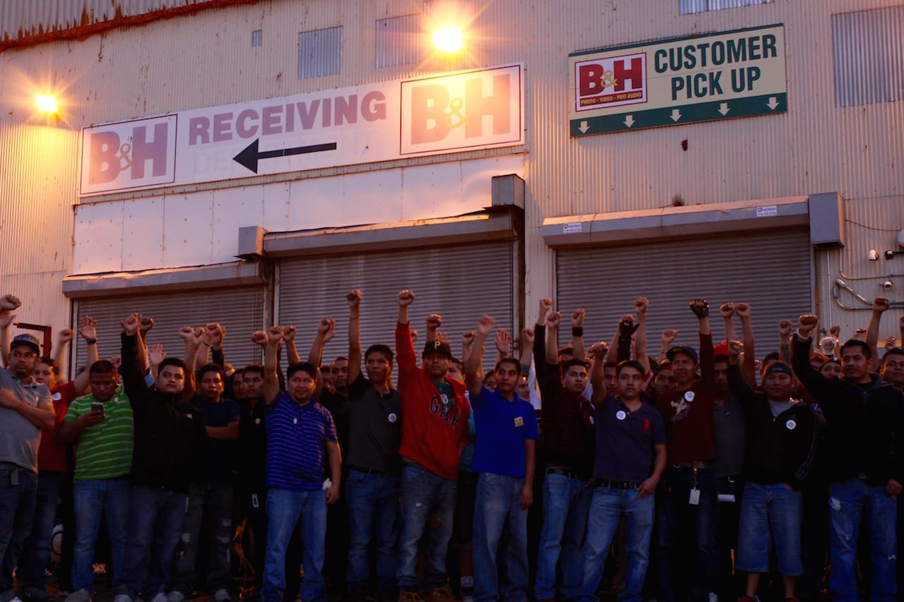 Workers rallying outside B&H's Brooklyn Navy Yard warehouse on October 15 (photo by Laura Gottesdiener, courtesy Laundry Workers Center)