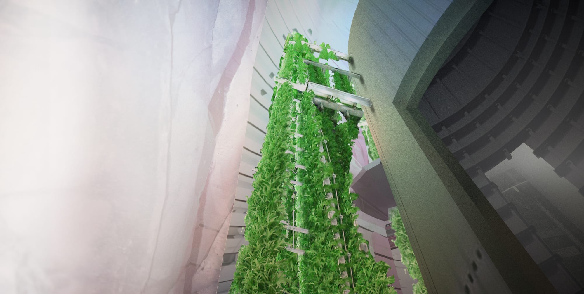 "Between the lander core and the ICE HOUSE interior, verdant plant life surrounds the inhabitants. The vertically growing hydroponic gardens serve as the recreational ‘parks’ within the habitat, disrupting the alien monotony of Mars’ landscape while also supplementing the crew’s food and oxygen. "
