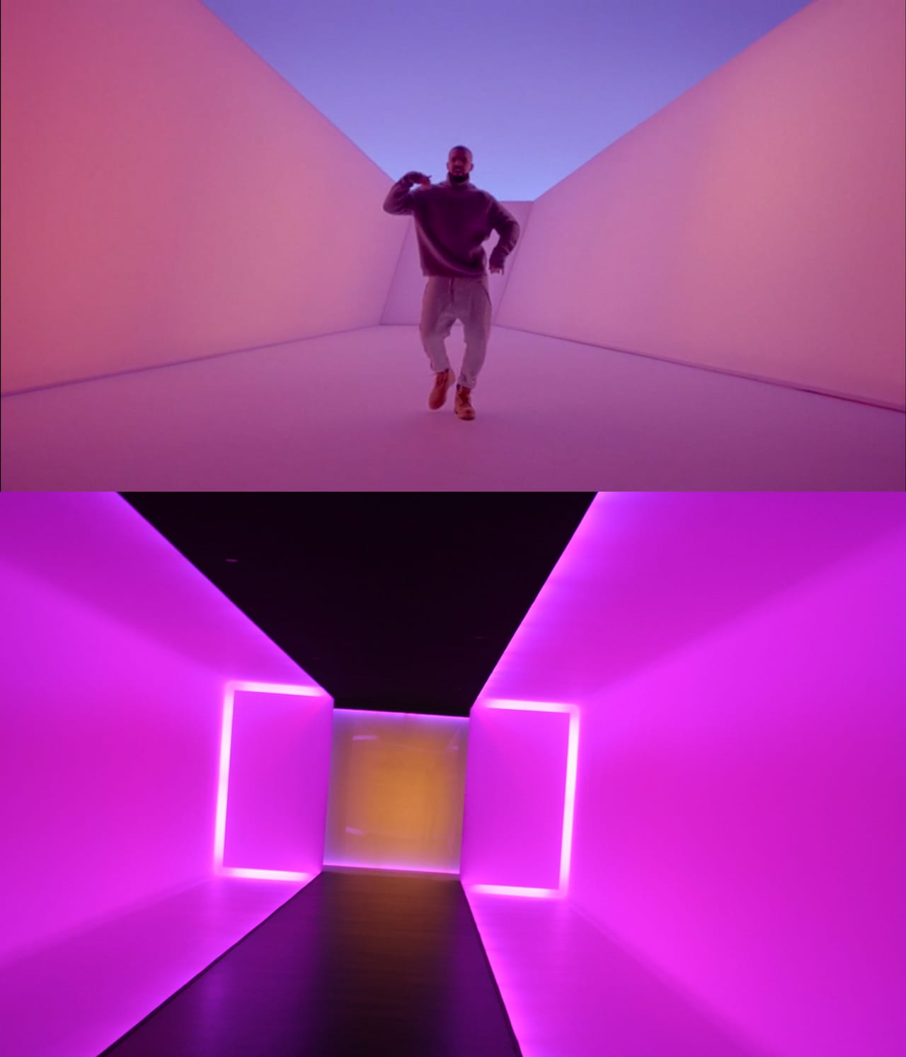 Still from Drake's video with James Turrell's "The Light Inside" (1999) (bottom photo via @eschipul/Flickr)