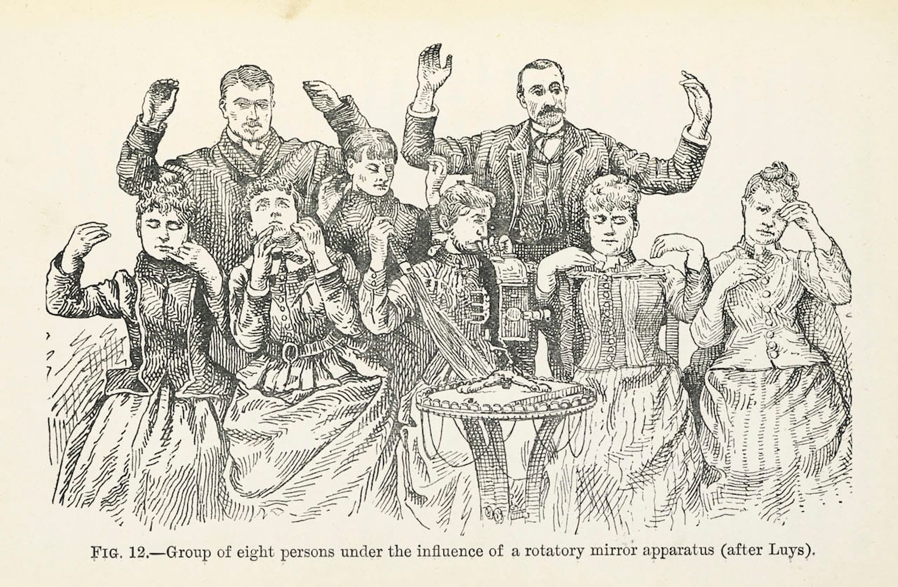 E.A. Hart, Group of eight people under the influence of a rotary mirror apparatus (after Luys), from 'Hypnotism and the New Witchcraft' (1893) (all images ©British Library)