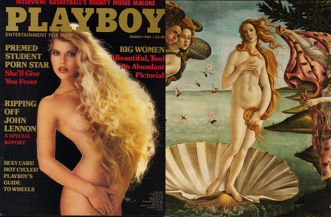 Left: a 'Playboy' cover from March 1984 (photo by Ben and Asho/Flickr); right: detail of Sandro Boticelli's "The Birth of Venus" (c. 1486) (image via Wikimedia)
