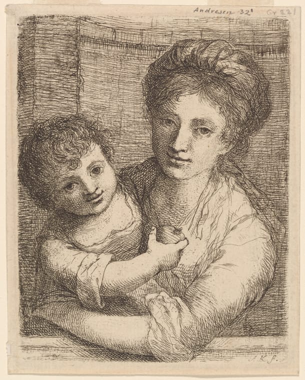 Angelica Kauffman, "Half-length Portrait of a Woman, with a Child Holding an Apple" (1763), etching