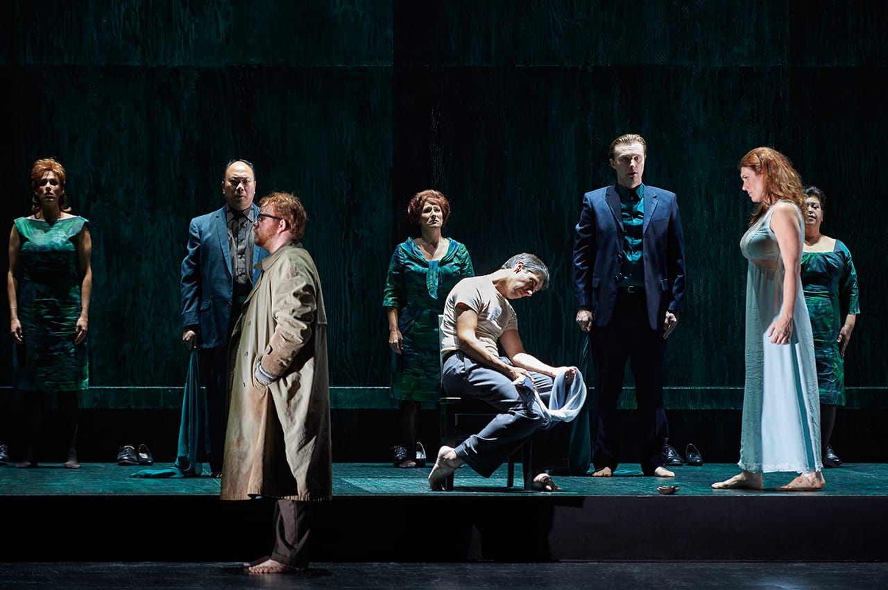 Left to right: Owen McCausland as the Narrator, Krisztina Szabó as Thisbe, and Phillip Addis as Pyramus in the Canadian Opera Company’s world premiere production of 'Pyramus and Thisbe' (with 'Lamento d’Arianna' and 'Il combattimento di Tancredi e Clorinda'), 2015 (photo by Michael Cooper)