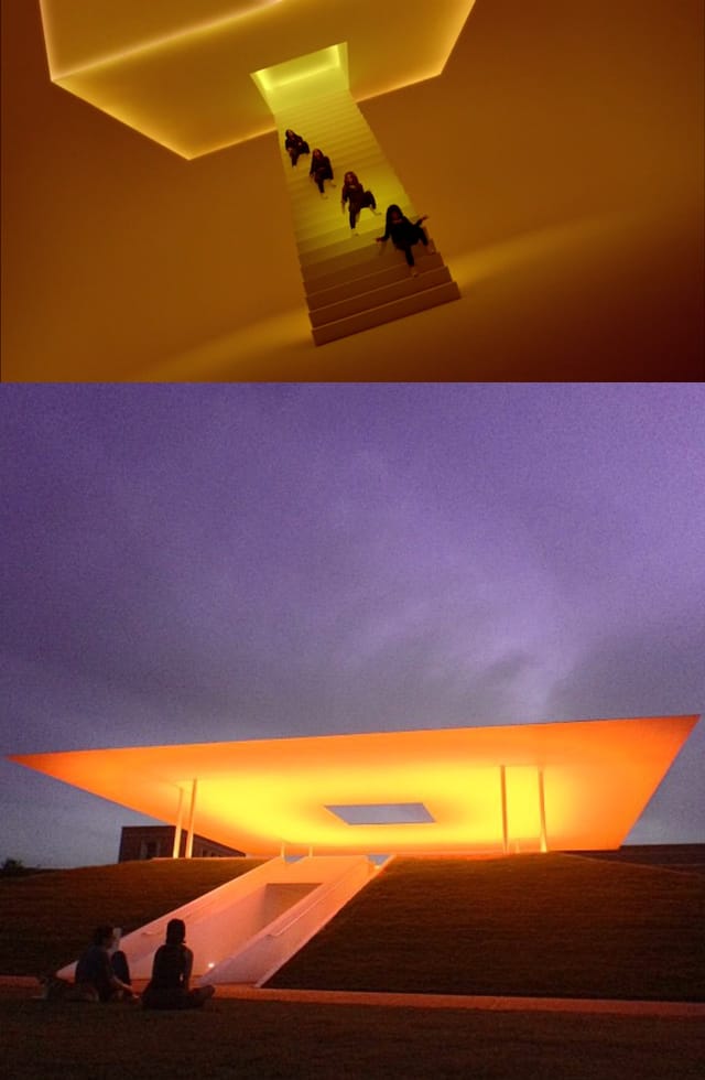 Still from Drake's video with James Turrell's "Twilight Epiphany" (2012) (bottom photo via @evartology/Instagram)