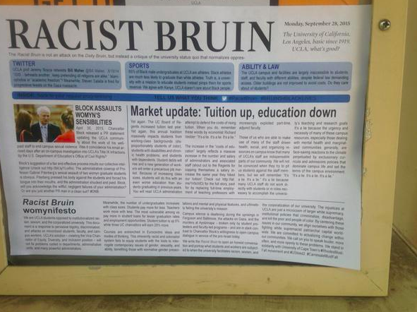Another edition of the Racist Bruin newspaper pasted across a campus newsrack (image courtesy of @DevinMcCutchen)